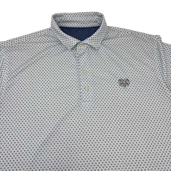 Johnnie-O Mens Large White Blue Diamond Patterned Short Sleeve Golf Polo Shirt - Picture 1 of 6